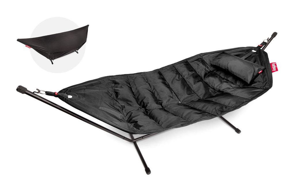 Fatboy Headdemock Deluxe XXL Hängematte inkl. Kissen Schwarz Freistehend Outdoor Garten Hängematte Ständer Luxus Hängematte, Tragfähigkeit 150kg