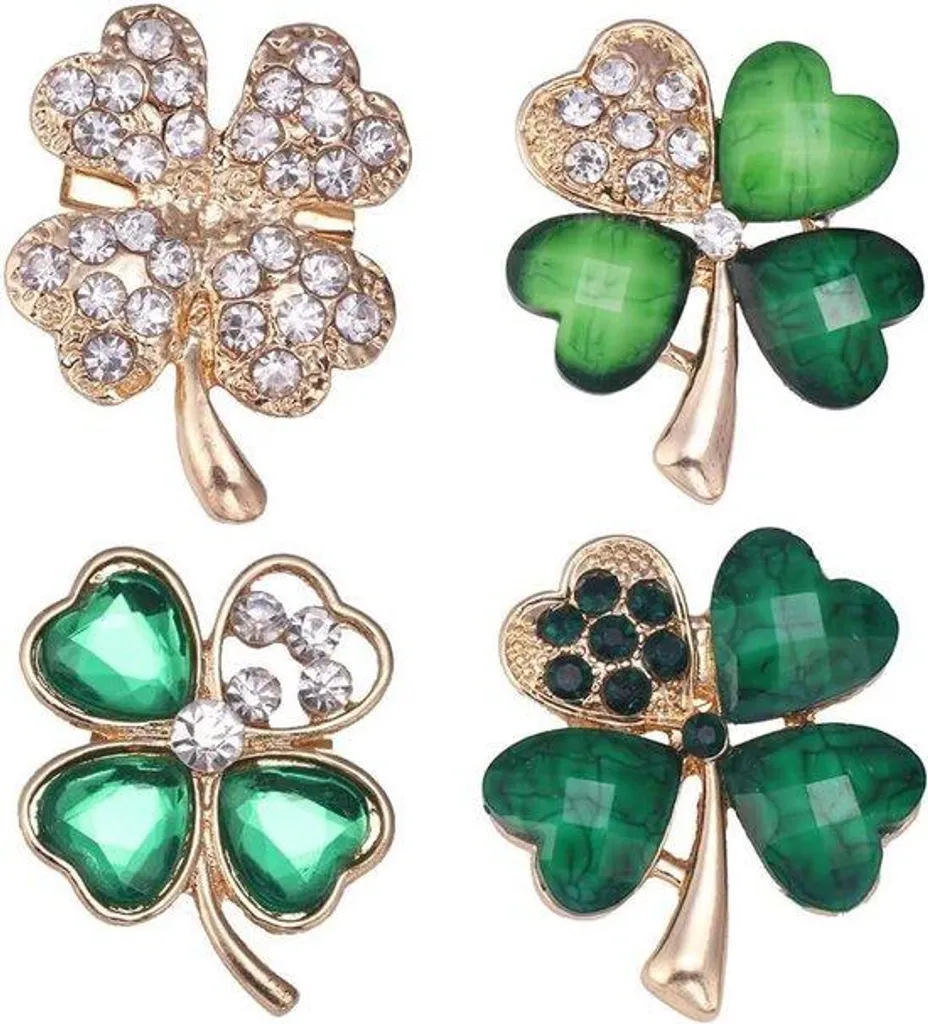Broches trèfles verts avec strass scintillants, lot de 4 porte-bonheur
