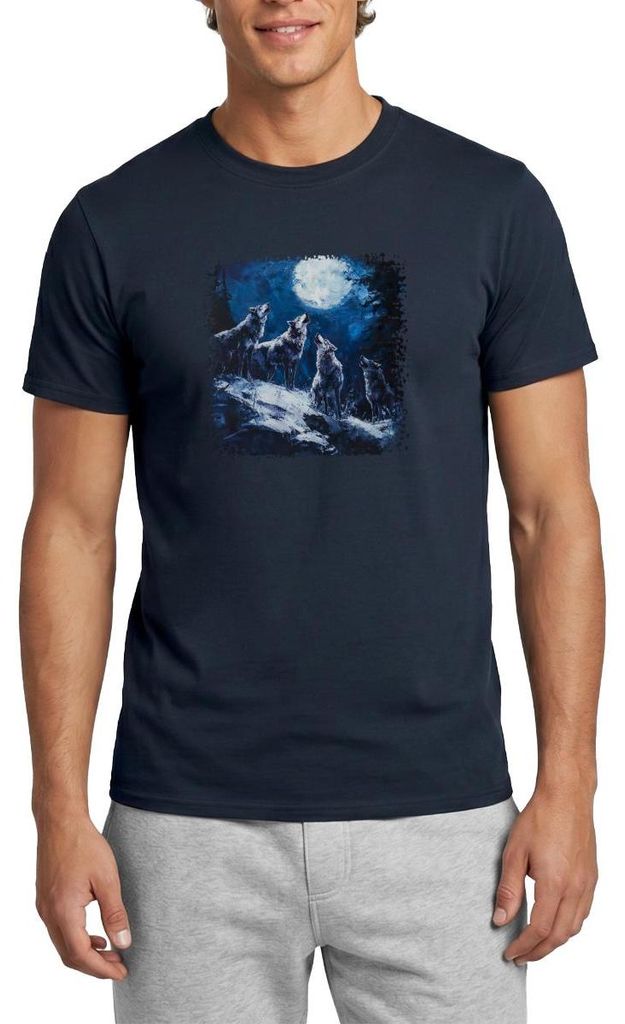 Spreadshirt Heulende Wölfe Bei Vollmond | Wildnis Motiv Männer T-Shirt, 4XL, Navy