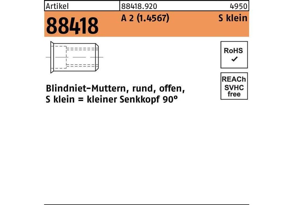 Reyher Blindnietmuttern A2 kl. Seko M 6/0,25-3,5 (250 Stück)