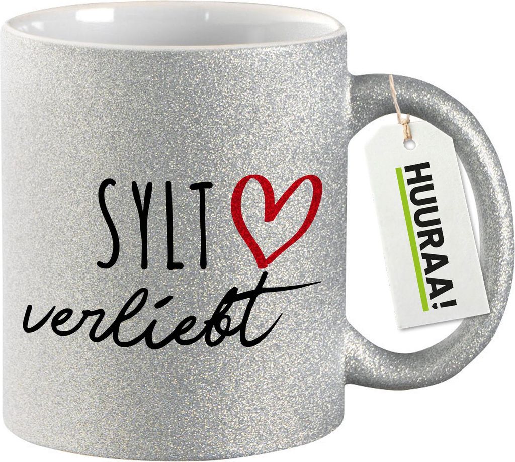 Huuraa Glitzertasse Sylt verliebt 330ml Silber Keramik Kaffeebecher Geschenkidee