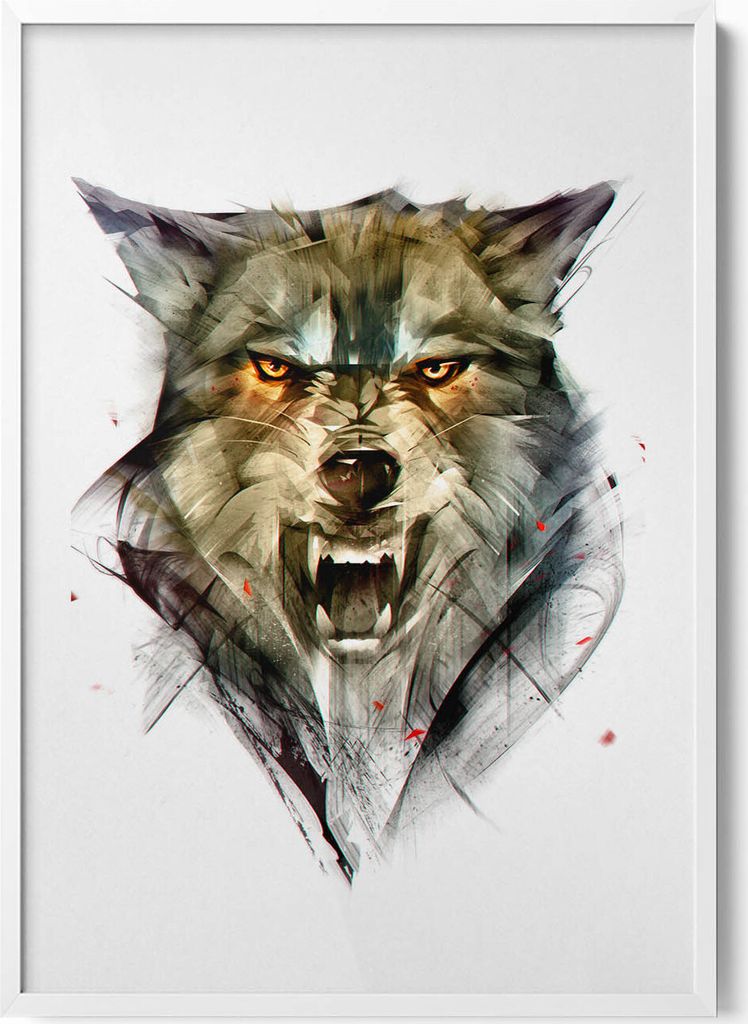 Gezeichnetes Porträt eines Wolfs– Wandbild mit Rahmen – Gerahmtes Bild – Wanddekoration – 70x100 cm – Weiß Rahmen