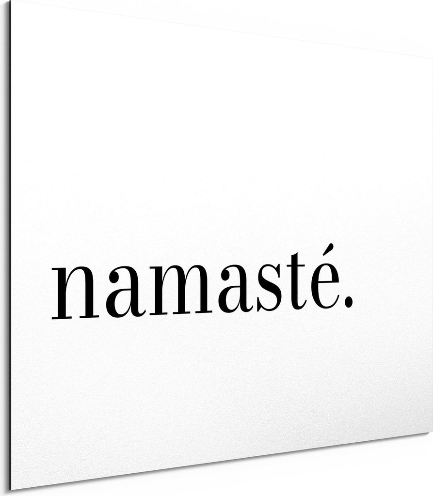 DEQORI Alu-Dibond Bild Weiß 80x60 cm 'Namasté - Schriftzug' Wandbild Metall dünn Design