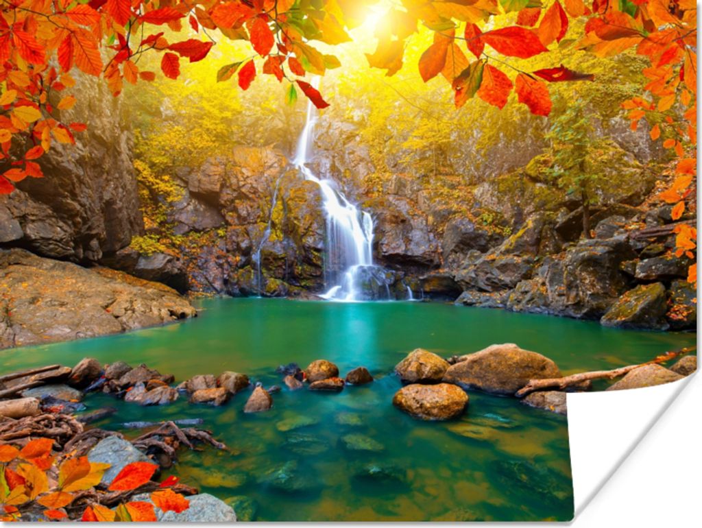 MuchoWow Poster Steine - Baum - Wasserfall - Herbst - Rot 40x30 cm - Plakate für die Wände - Poster Wohnzimmer