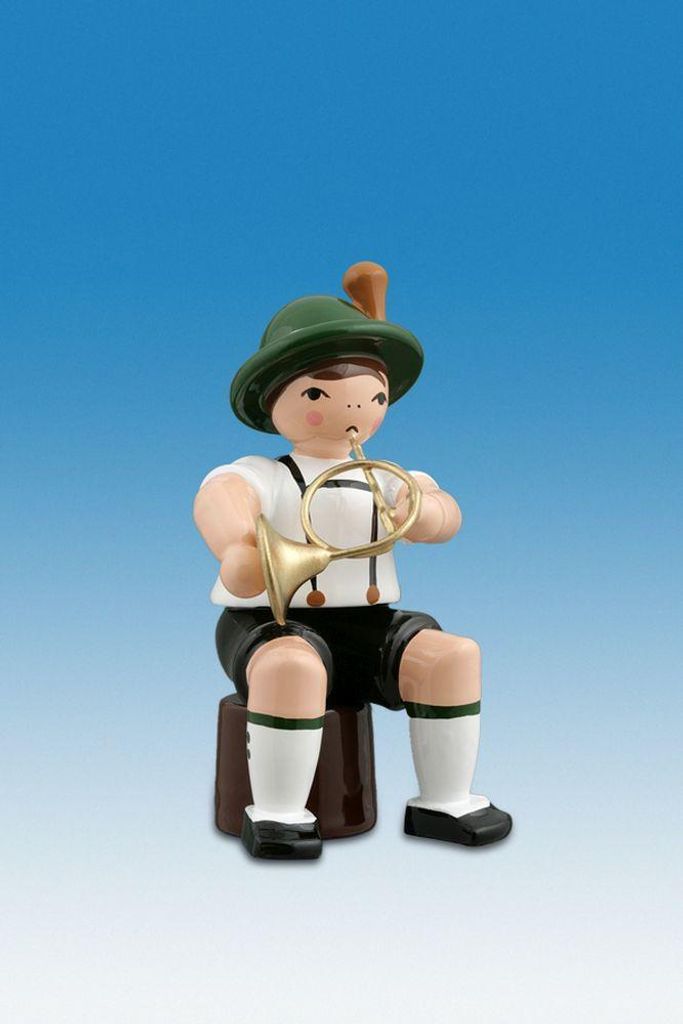 Holzfigur Musikanten mit Hut und Waldhorn sitzend Höhe 7cm NEU