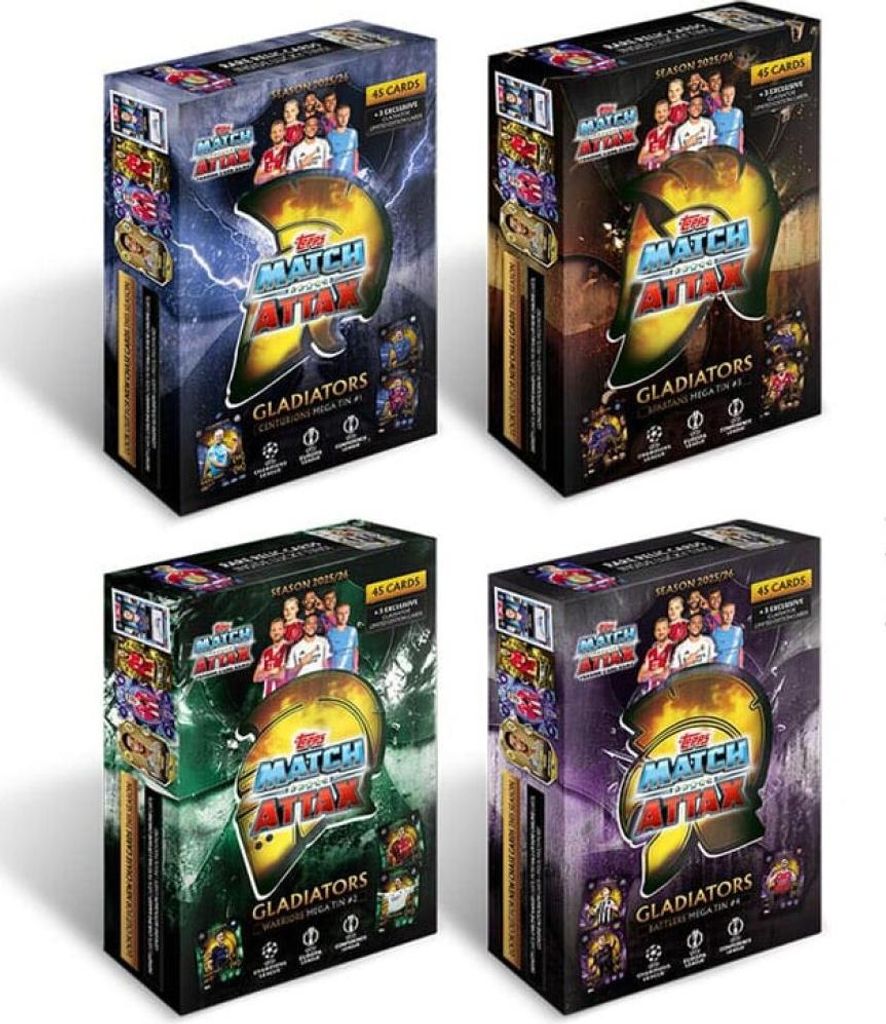 Four boxes of Topps Match Attax trading cards, each with a different background color theme.