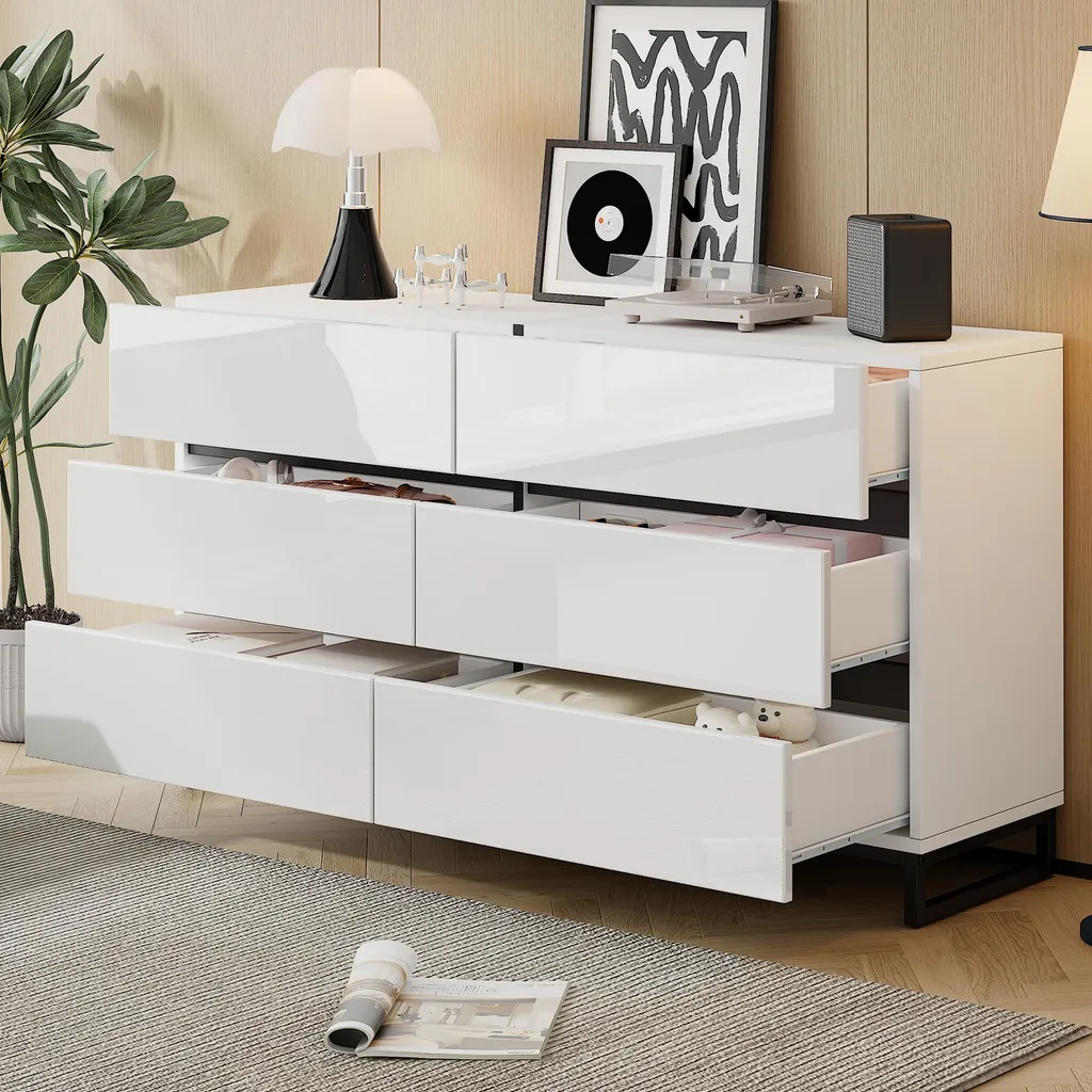 Sideboard Merax 140x40x79 cm Blanc avec 6 Tiroirs et Façades Brillantes