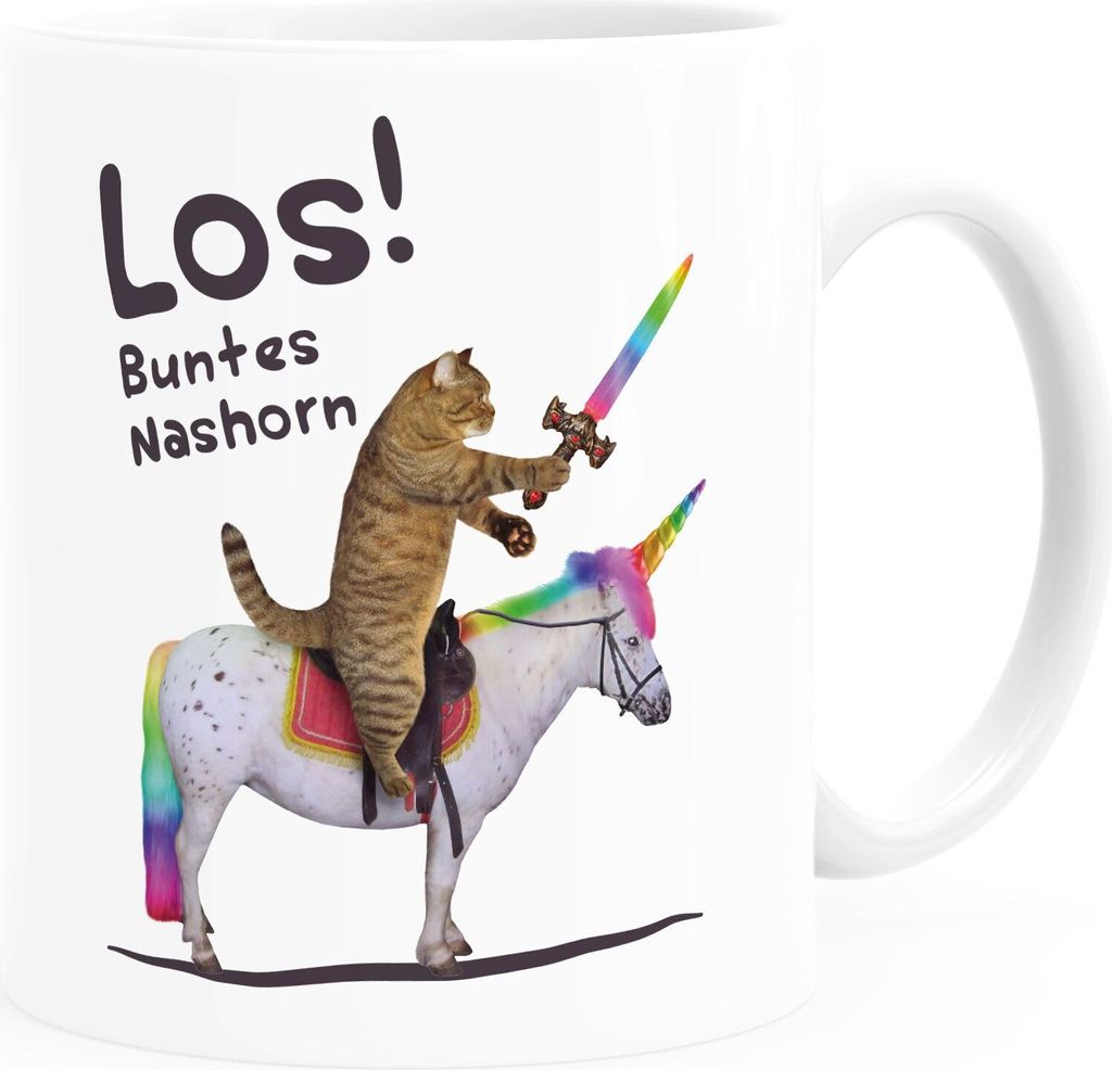 Kaffee-Tasse Katze Satire Los buntes Einhorn Unicorn Nashorn Pferd Bürotasse lustige Kaffeebecher MoonWorks weiß Keramik-Tasse