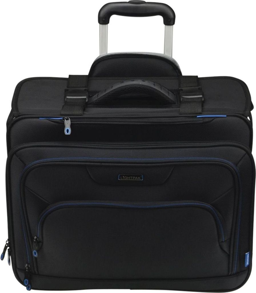 A black business notebook trolley with blue accents.