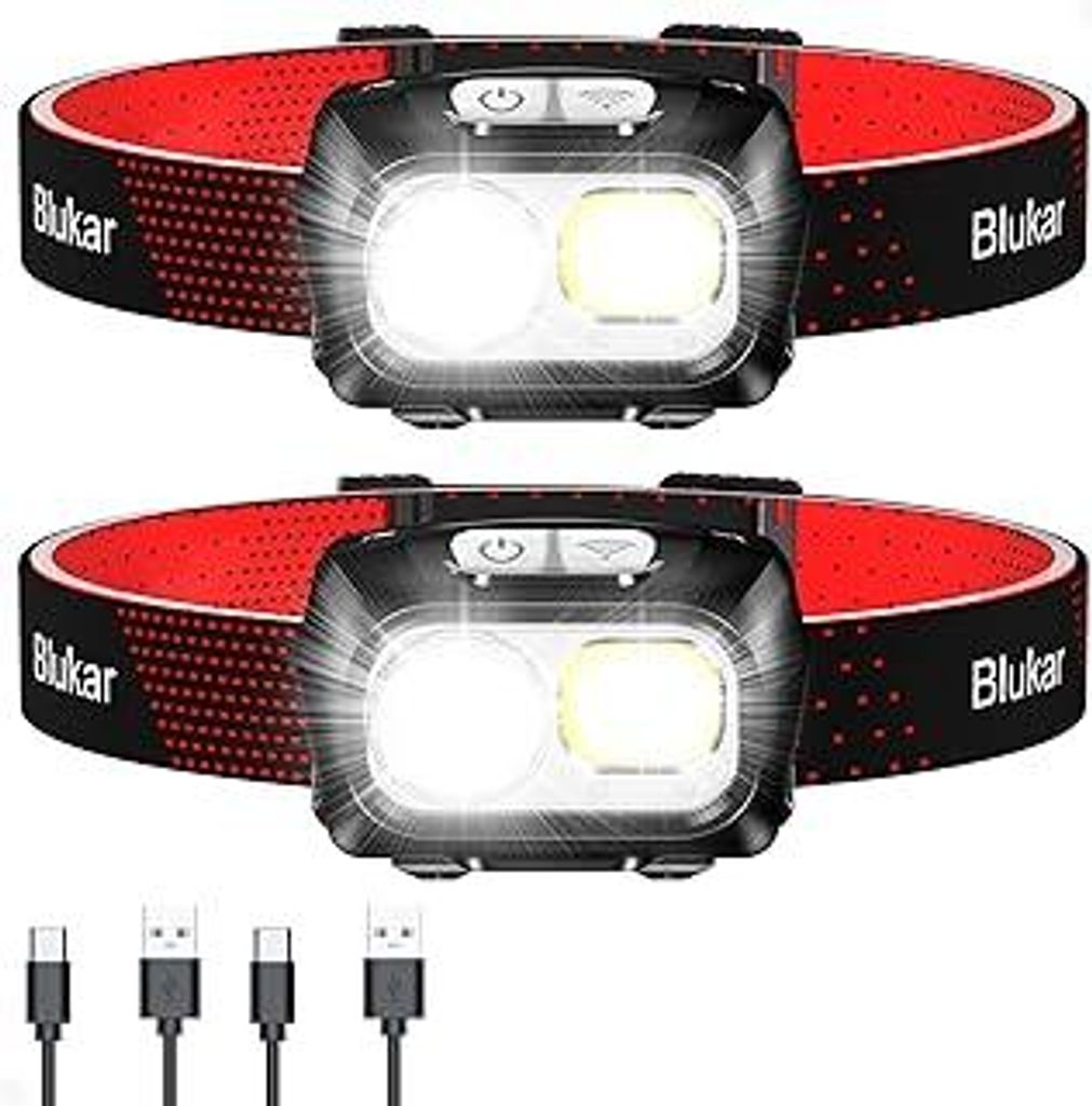 Blukar LED Stirnlampe Wiederaufladbar, 2 Stück Superhell Kopflampe Stufenlos Dimmbar mit 8 Modi, Sensor & Rotlicht, IPX5 Wasserdicht & Winkel Eins...