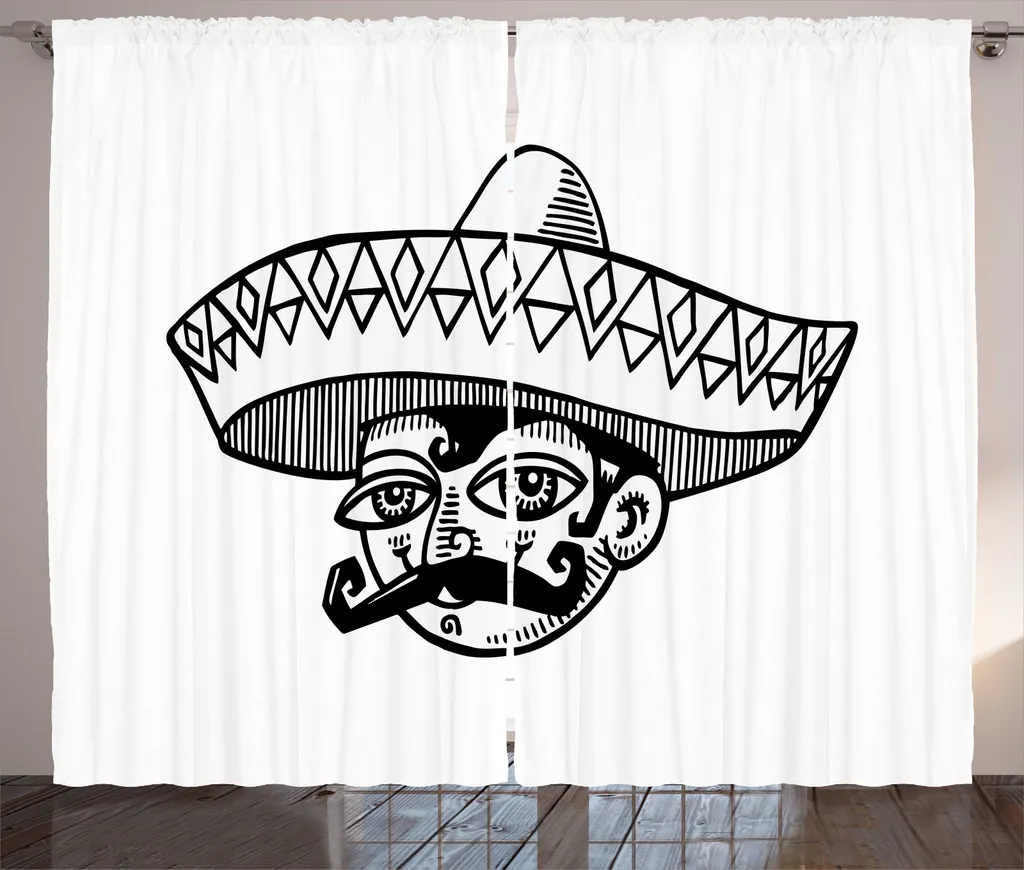 Grand Rideau Motif Moustache Mexicaine Gris Anthracite avec Fixations