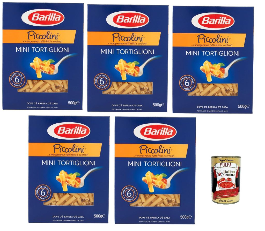 Barilla Piccolini Mini Tortiglioni 5×500 g – Garzeit 6 Min, 100% Hartweizen, kinderfreundlich & al dente, ideal für Saucen/Ofen – + Italian G...