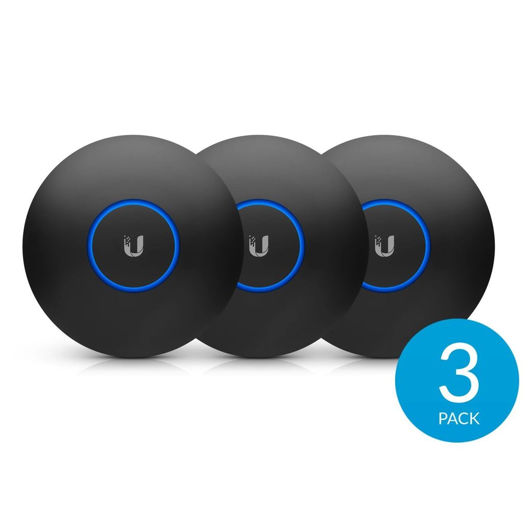 Three black Ubiquiti UniFi access points are arranged in a row against a white background. A blue circle with the number '3' and the word 'PACK' is in the bottom right corner.