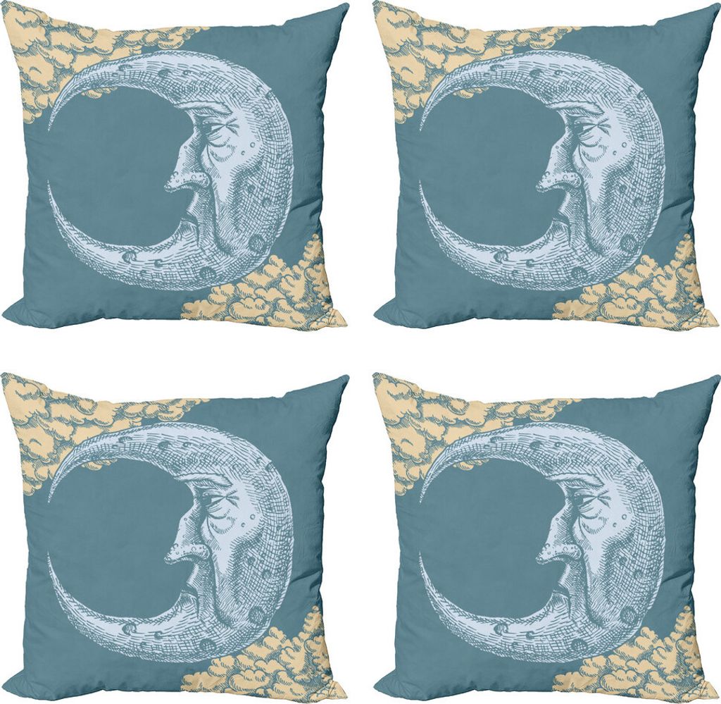 ABAKUHAUS Mond Kissenbezug Set (4 Stück), Vintage Crescent Moon, Moderner Doppelseitiger Digitaldruck, 50 cm x 50 cm, Schiefer-Blau Senf