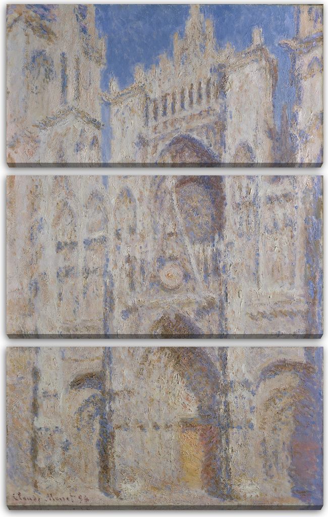 Leinwandbild 3-teilig (80x120cm): Claude Monet - Kathedrale von Rouen (Sonnenlicht) (1894), echter Holz-Keilrahmen inkl. Aufhänger, handgefertigt ...