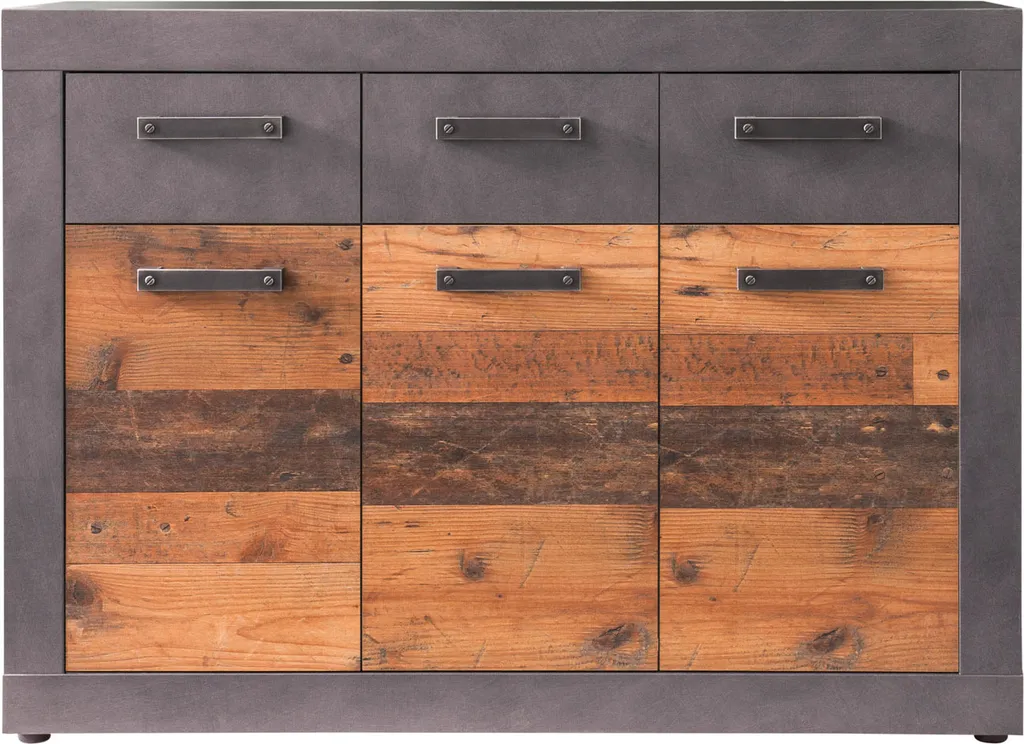 Commode de Rangement Indy Look Vieux Bois Gris, 3 Portes et 3 Tiroirs Chic