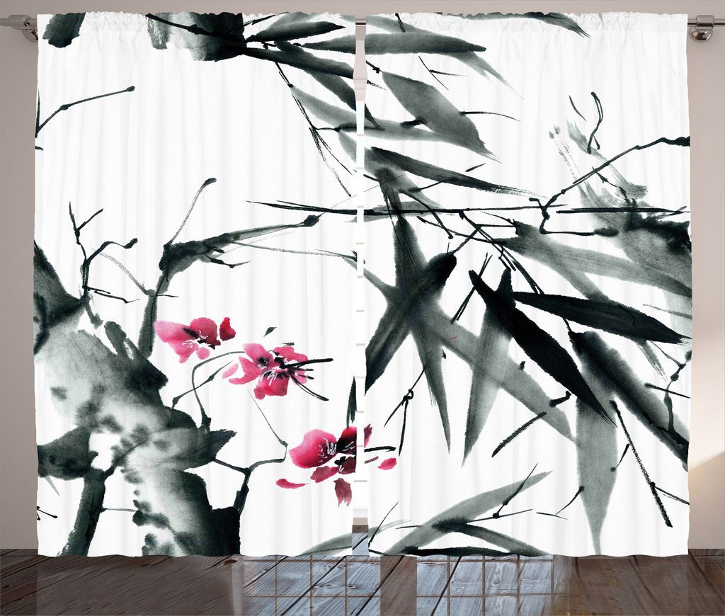 ABAKUHAUS Bambus Rustikaler Gardine, Natural Spring Buds, Schlafzimmer Kräuselband Vorhang mit Schlaufen und Haken, 280 x 245 cm, Dunkelgrün Purp...