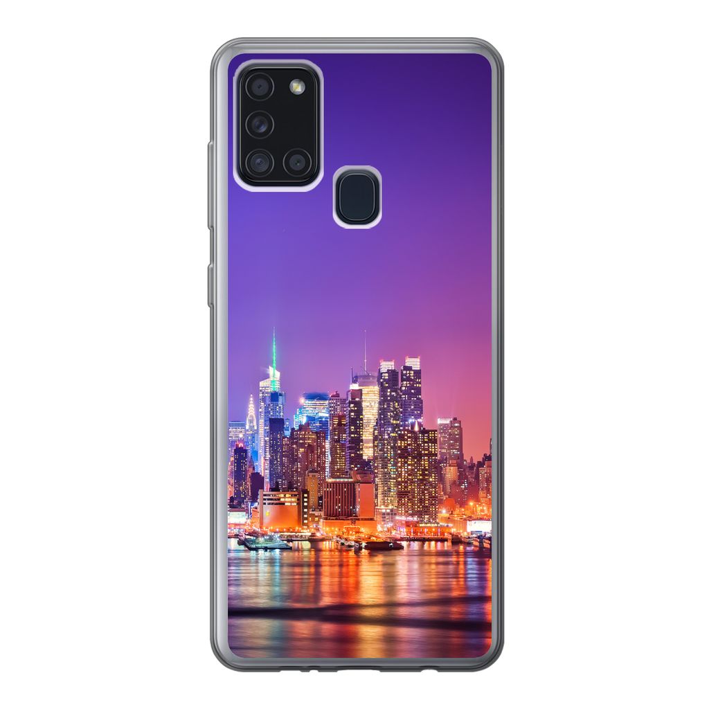 MuchoWow Handyhülle Schutzhülle Hülle für Samsung Galaxy A21s New York - Skyline - Lila Silikon Softcase Handy Hülle - Hartschale
