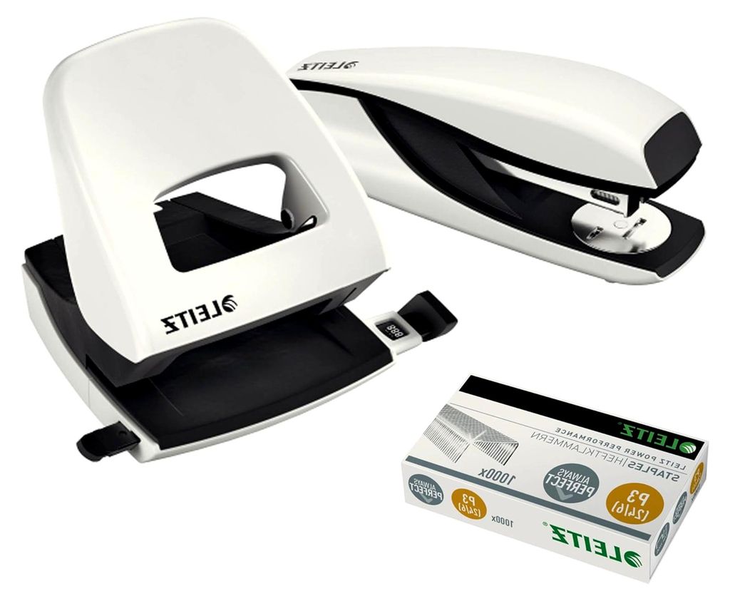 NeXXt Series Bürolocher, Metall, bis zu 30 Blatt/Kombi-Set mit Heftgerät und 1000 Klammern (Perlweiß)