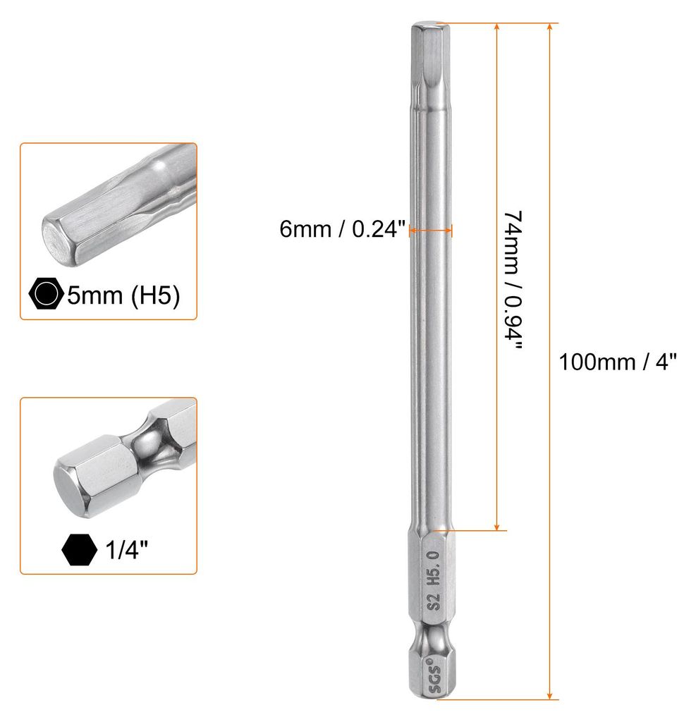 5mm(H5,0) Innensechskant Bit Set, Metrisch 100mm Lang 1/4" Sechskant-Schaft Magnetische S2 Stahl Schraubendreher Bits Sechskant Bohrer fš¹r Akkus...