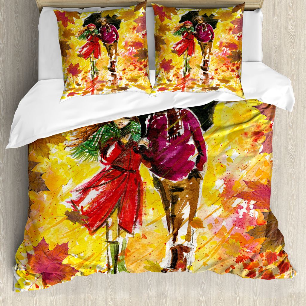 ABAKUHAUS Fallen Bettbezug, Paare am Herbst Alley, Milbensicher Allergiker geeignet mit Kissenbezügen, 200 cm x 200 cm - 80 x 80 cm, Mehrfarbig