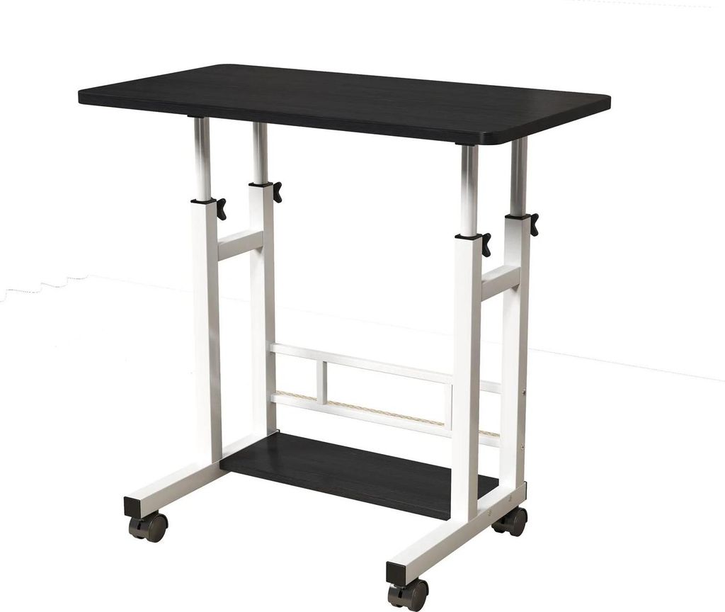 Mobiler Computertisch - Rollbarer Schreibtisch - Höhenverstellbar - Mit Rollen - Metallgestell - Tischplatte aus Holz - Schwarz