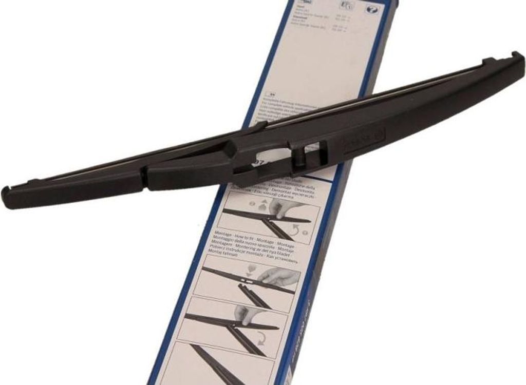 A black Bosch windshield wiper is placed on top of its blue and white packaging, which shows installation instructions.