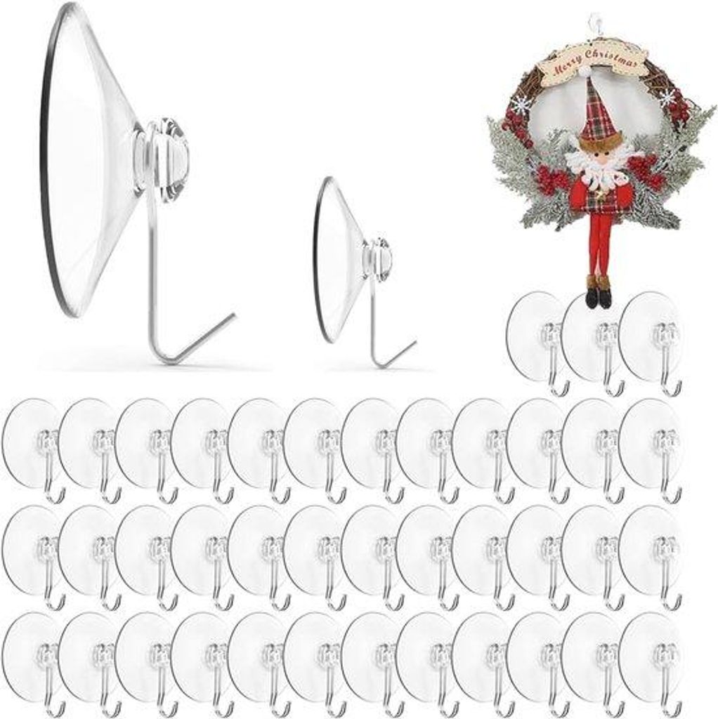 Famanu Set von 40 transparenten Saugnäpfen mit 40 mm Metallhaken - extra starke Wandhaken für Dusche, Bad, Küche und Fenster