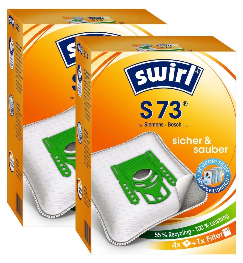 Two boxes of Swirl S 73 vacuum cleaner bags are shown, with one box in the foreground and the other slightly behind and to the left.