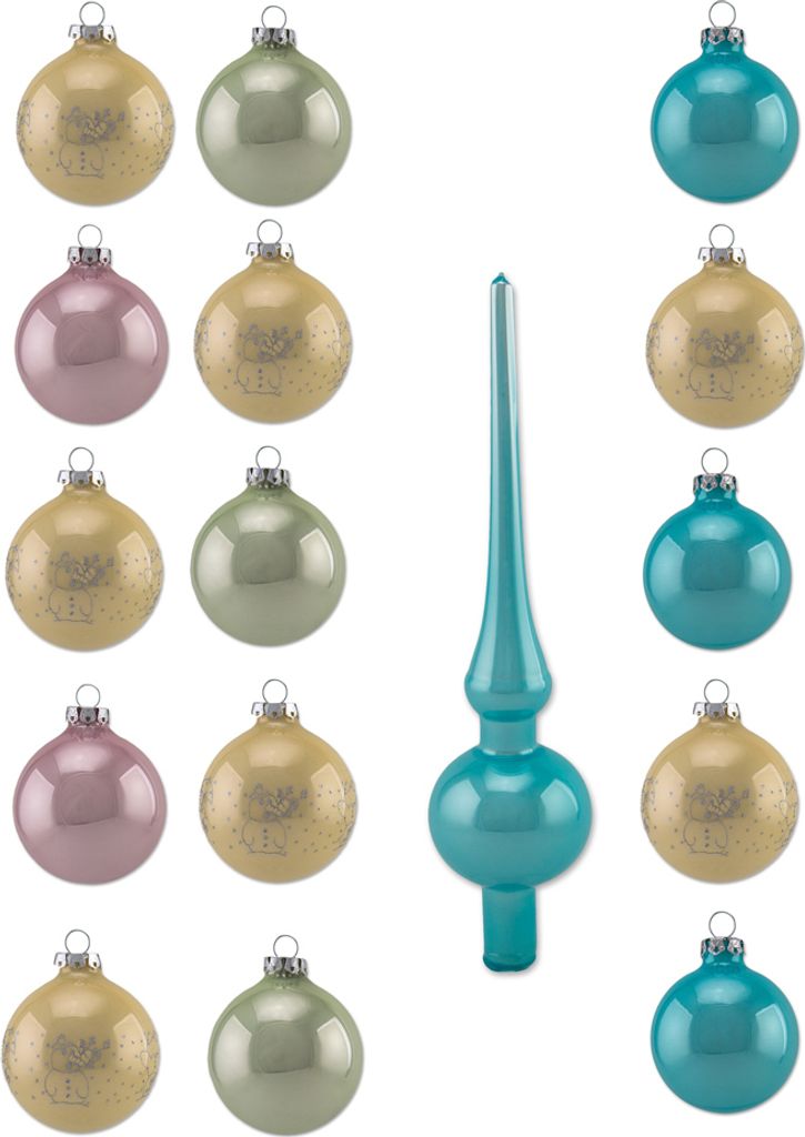 Thüringer Glasdesign Weihnachtskugel-Set 16-tlg. - Pastell mit Glitzer Nachbildung Lustige Schneemänner -