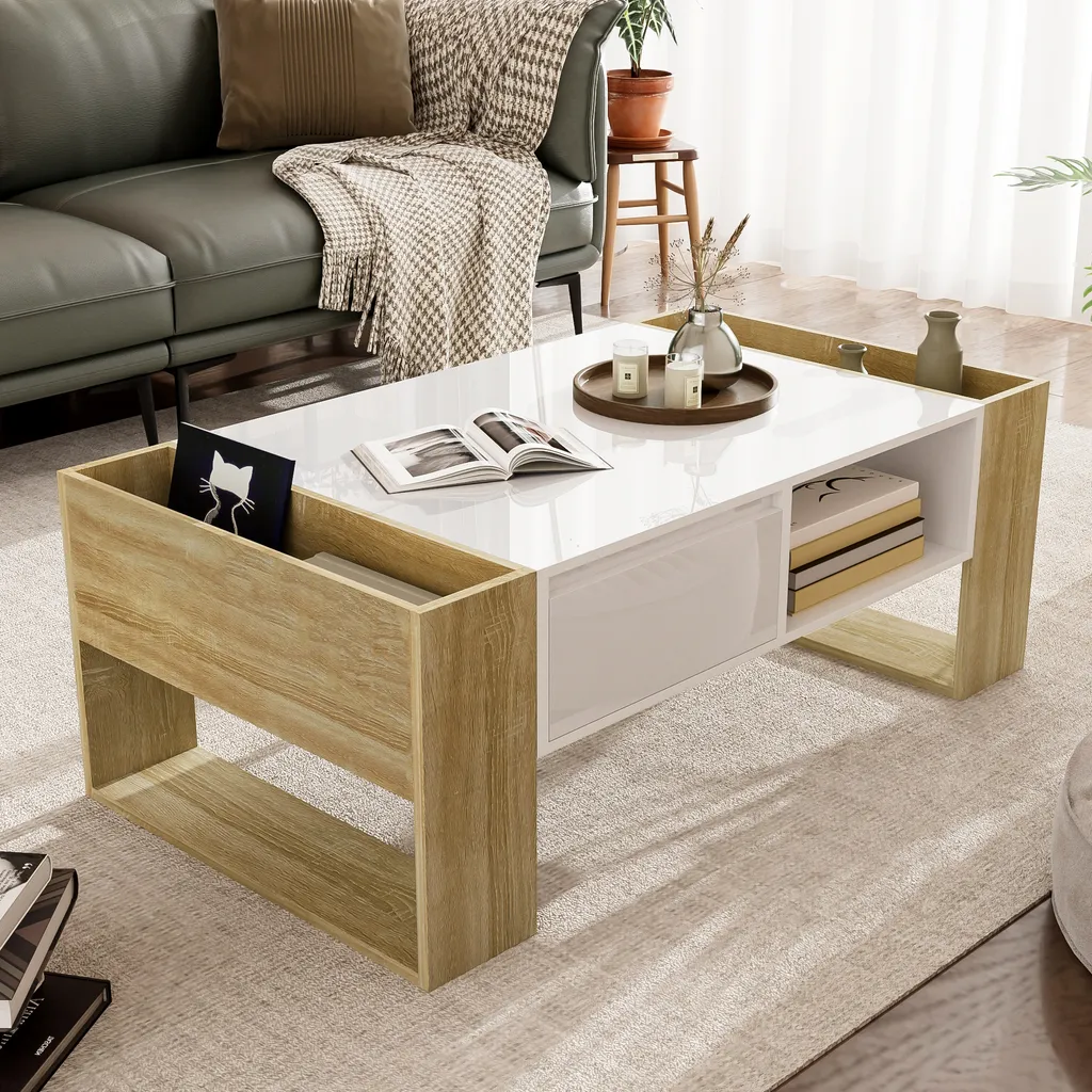 Table Basse de Rangement Gain de Place pour Salon Encombré Bois/Blanc - 7