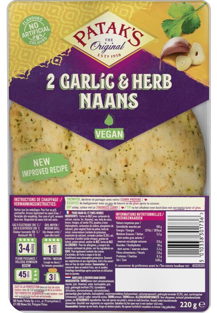 Patak's Naan Bread Cesnak a koriander 220 g – Mäkký, Obrázok produktu 