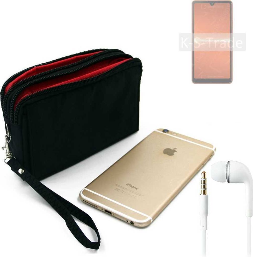 TOP SET kompatibel mit Sony Xperia Ace III Handy Hülle Gürteltasche schwarz + Kopfhörer Travel Bag Travel-Case mit Diebstahlschutz praktische