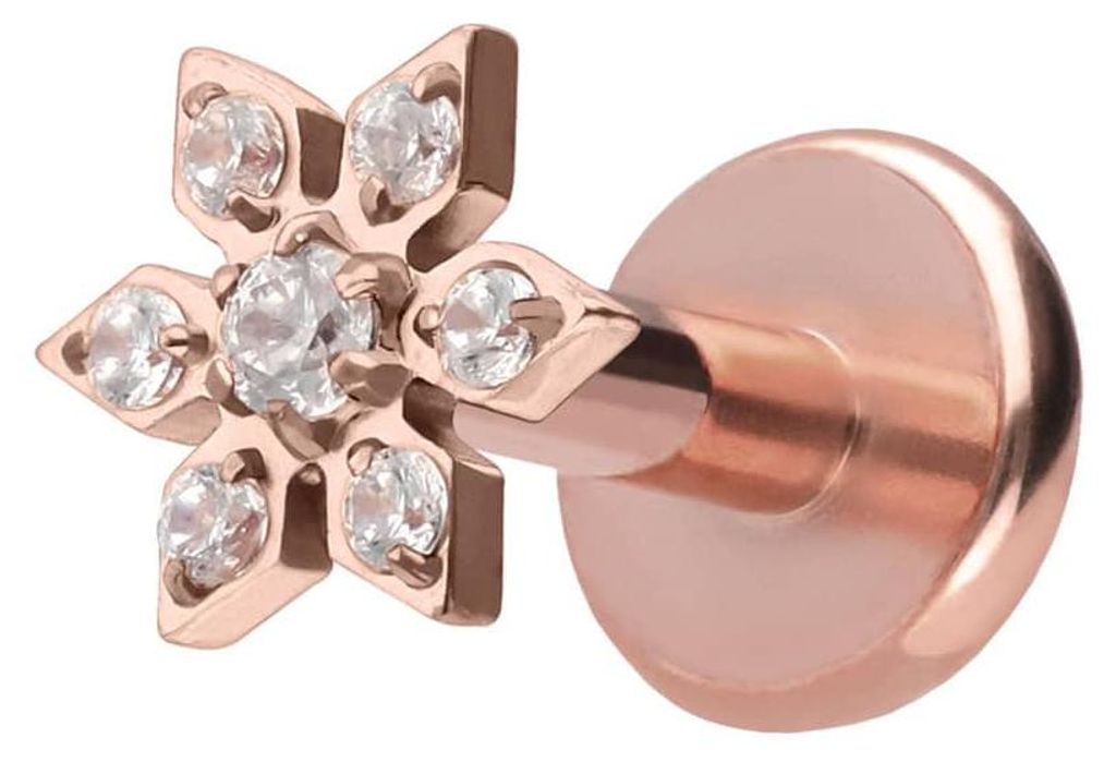 Ohrpiercing, Nasenpiercing Titan Labret mit Push Fit KRISTALLBLUME RoséGold Stablänge: 5mm | Stabstärke: 1,2mm