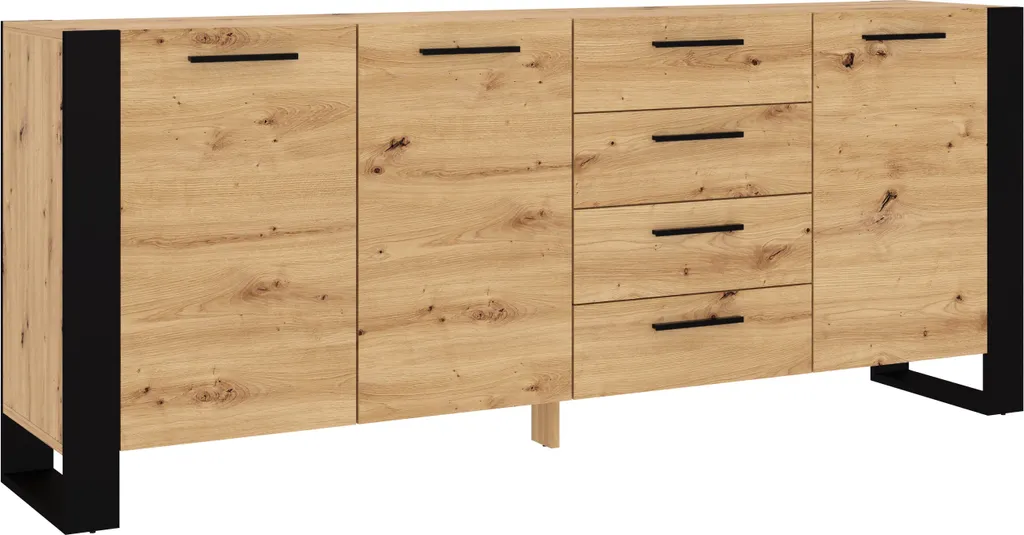 Armoire Basse Nuka K 197 cm Finition Artisan Chêne avec Détails Noirs