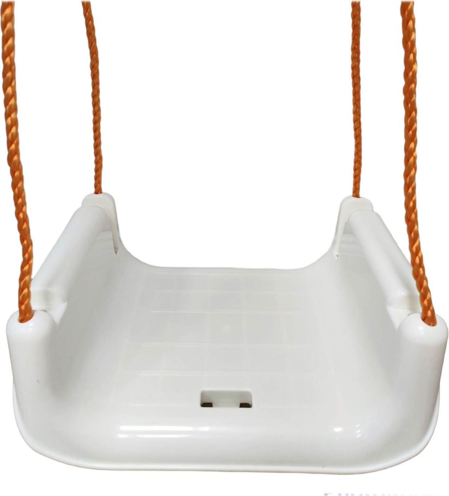 A white baby swing seat with orange ropes, isolated on a white background.