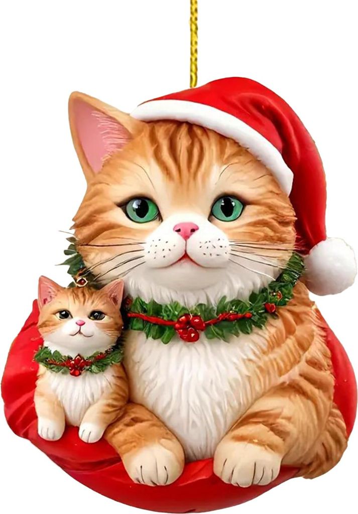 Weihnachtsanhänger, 2D-Acrylkatze mit Weihnachtsmütze, Autoanhänger, festliche Dekoration