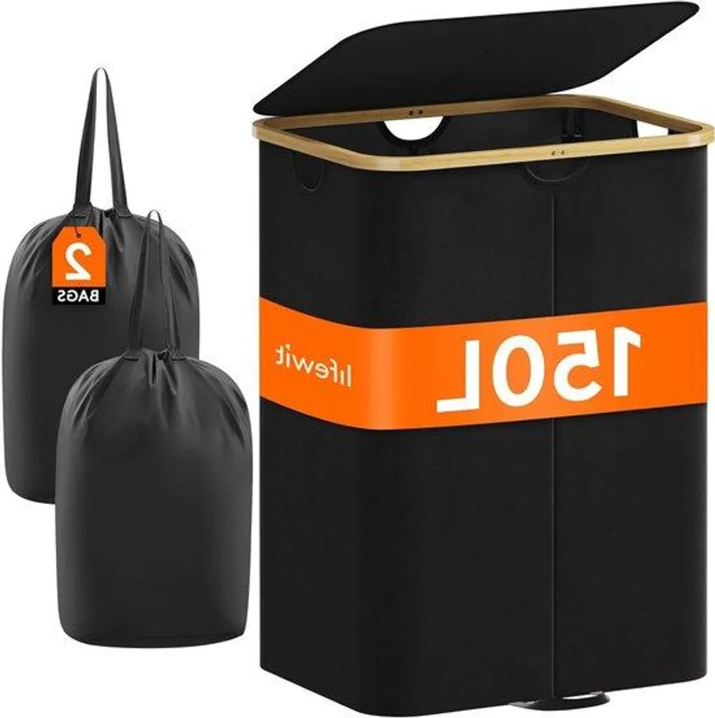 Panier à linge 150L noir avec couvercle et sac amovible - Modèle XL