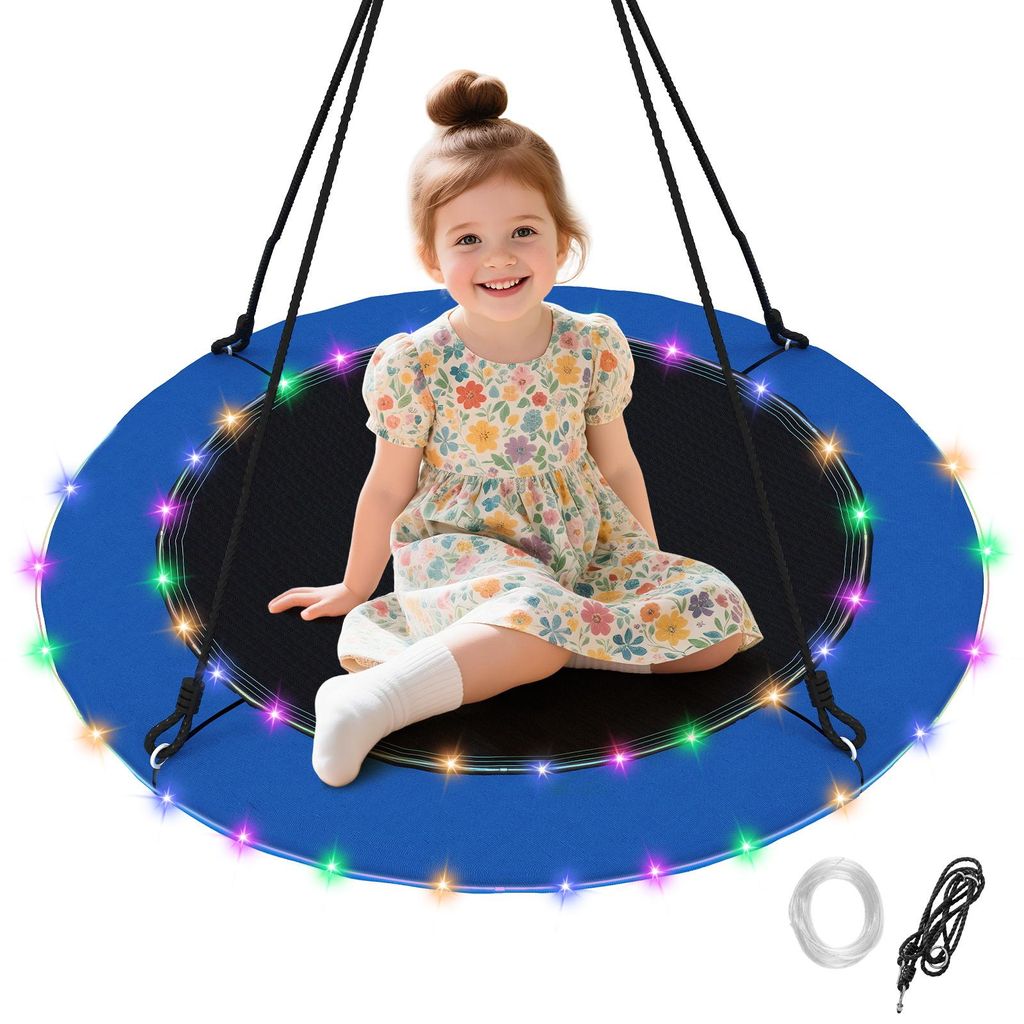 COSTWAY Nestschaukel, Ø100cm Kinderschaukel mit LED-Beleuchtung & 100-180cm verstellbarem Seil, Hängeschaukel bis 150kg, Baumschaukel für Kinder 3+