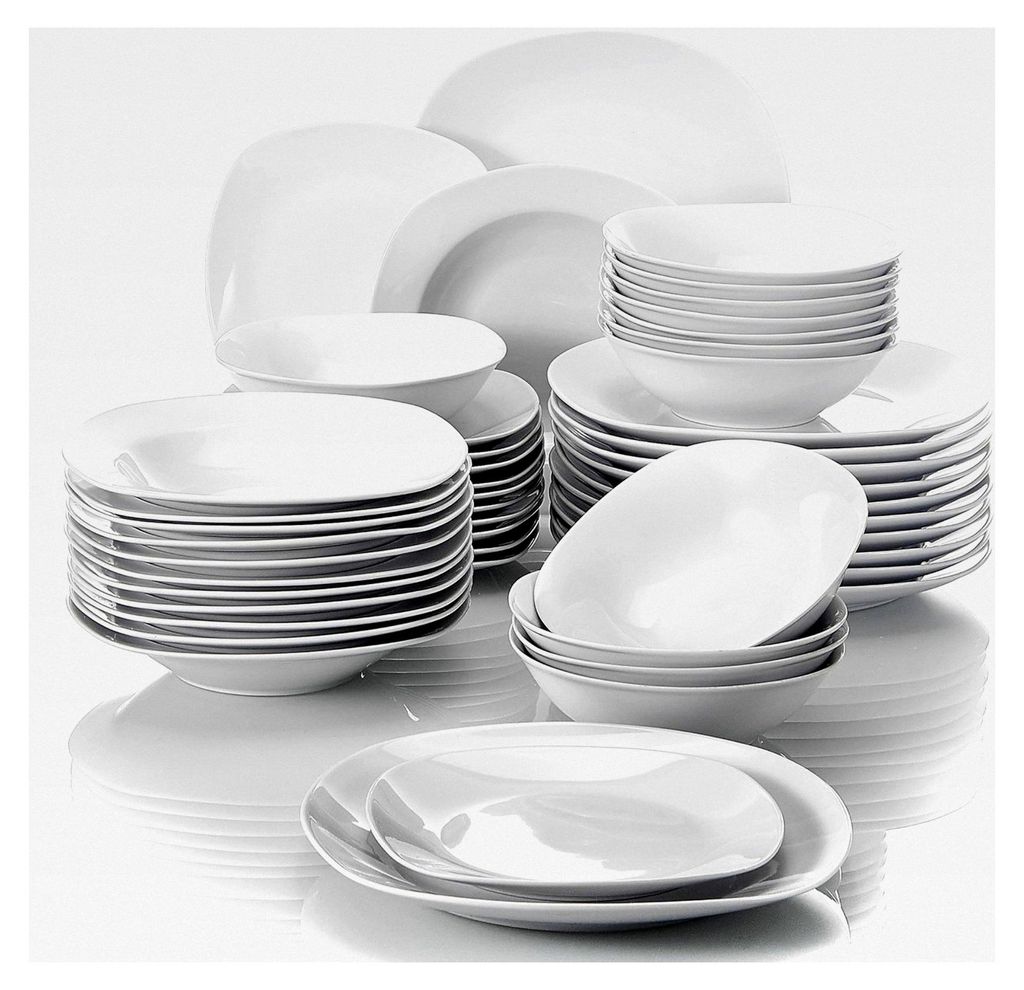 Geschirrset für 12 Personen, Serie Elisa, 48-teiliges Tafelservice in Hellgrau-Weiß