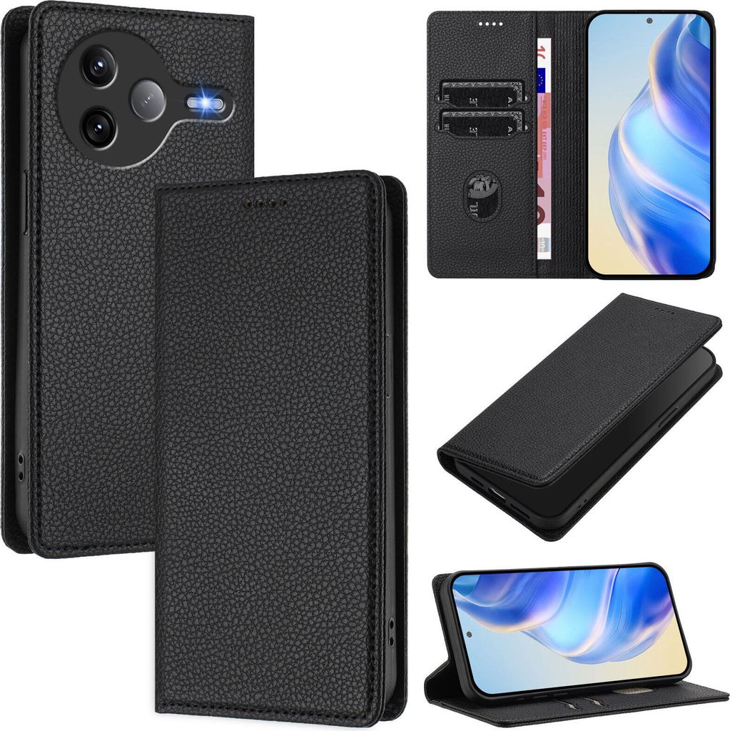 Litchi Leder Handyhülle für Xiaomi Poco F7 Ultra /Redmi K80 Pro Wallet Kartenfächer Standfunktion Hülle Schwarz