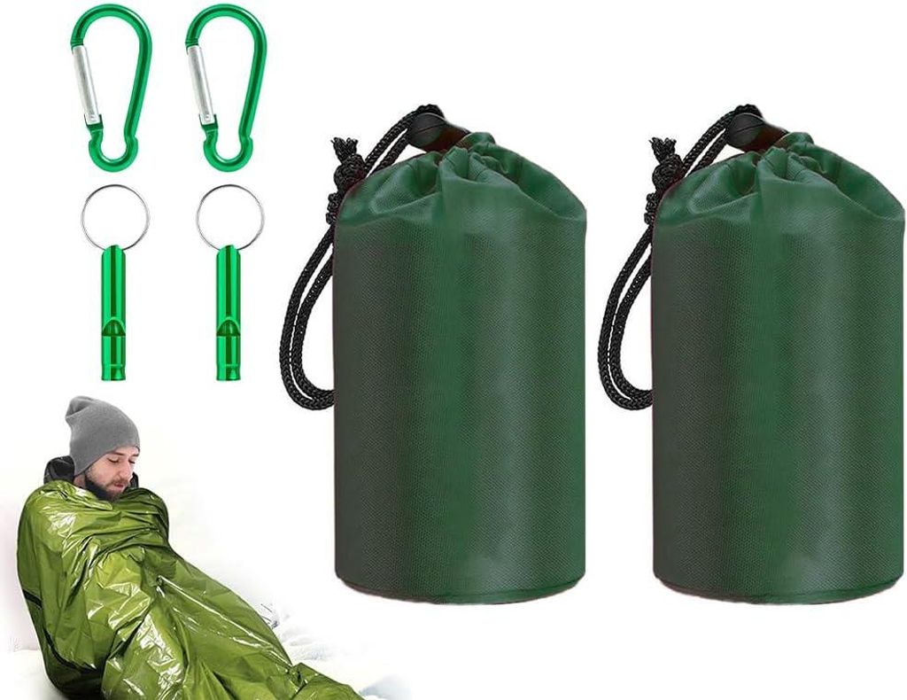 2er-Set Überlebensschlafsäcke mit Pfeife und Karabiner, tragbare Thermoschlafsäcke