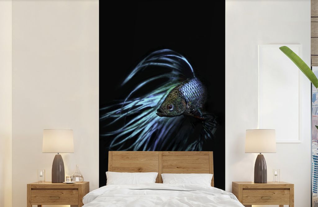 MuchoWow Fototapete für Wohnzimmer oder Schlafzimmer Wandtapete Vinyl Motivtapete Fische - Meerestiere - Blau - Schwarz - 120x240 cm