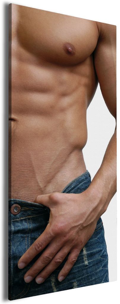 Wallario Premium Leinwandbild Halbnackter Mann mit Jeans in Größe 80 x 200 cm