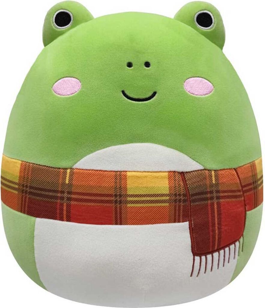 A plush toy frog wearing a scarf against a white background.