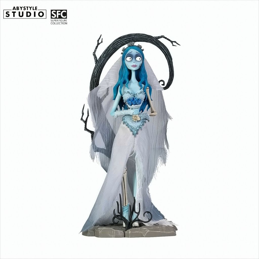 A figurine of Emily from Corpse Bride standing on a base with a tree-like structure behind her.