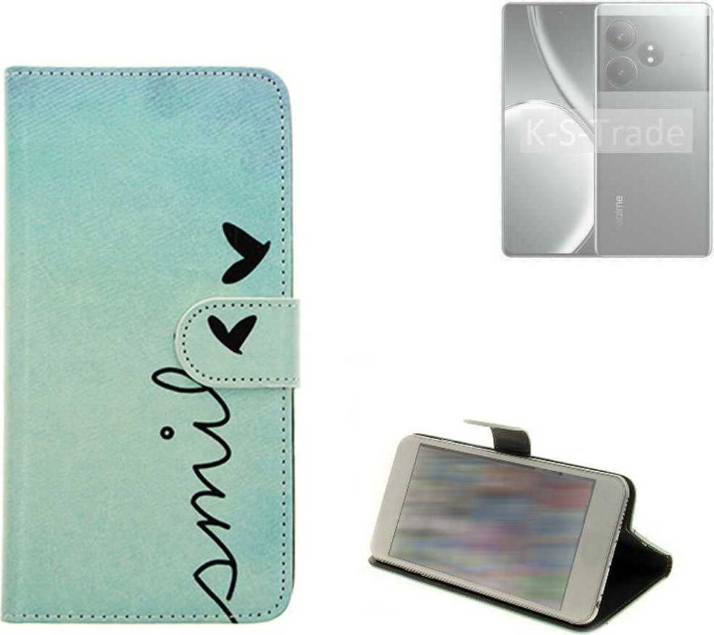 K-S-Trade Schutz Hülle Handy Hülle kompatibel mit Realme Gt Neo 6 SE Hülle Handyhülle cover bookstyle Etui Handyhülle “smile“ türkis