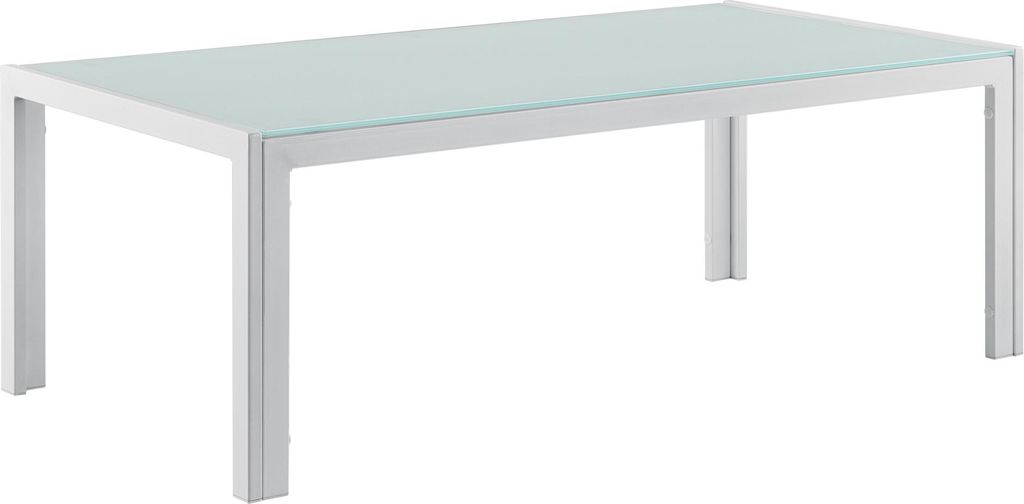 A white outdoor coffee table with a light blue glass top, shown from a slightly elevated side angle against a white background.