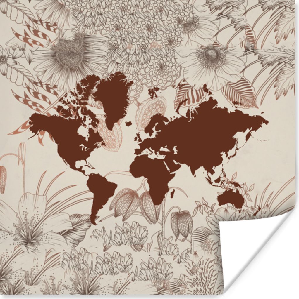 MuchoWow Poster Weltkarte - Blumen - Rot 100x100 cm - Babyzimmer