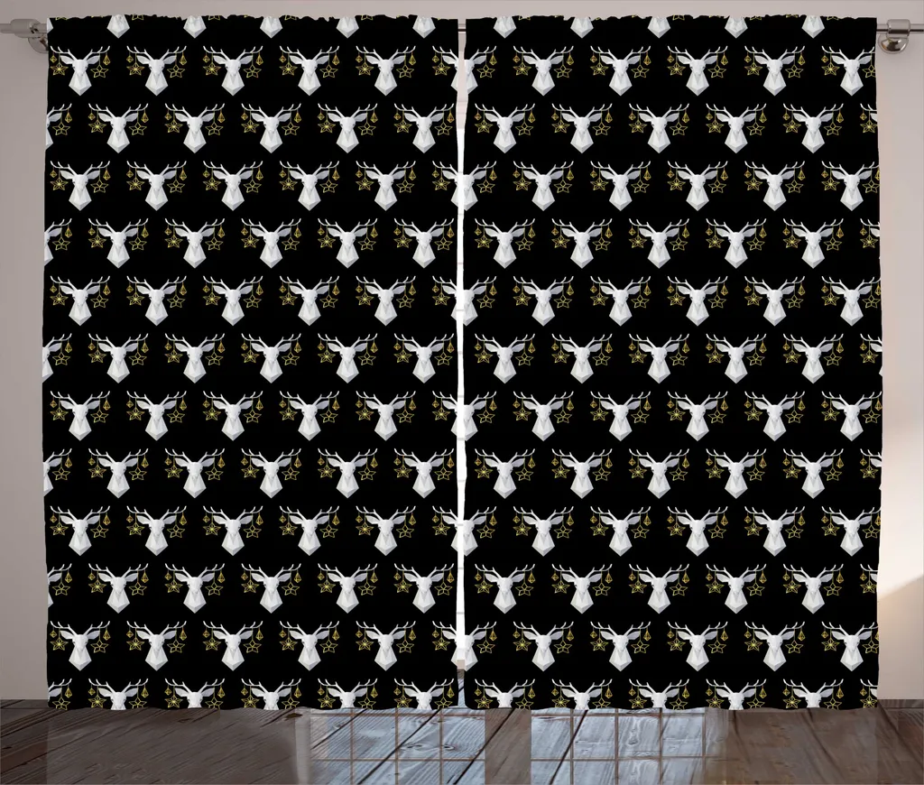 Rideau de Noël Prêt à Poser 280x225 cm Motif Cerf Rustique Noir et Gris